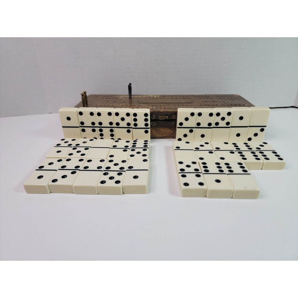 Vintage Wooden Cribbage Board Domino Set w/ Storage Box Pegs 28 Dominoes